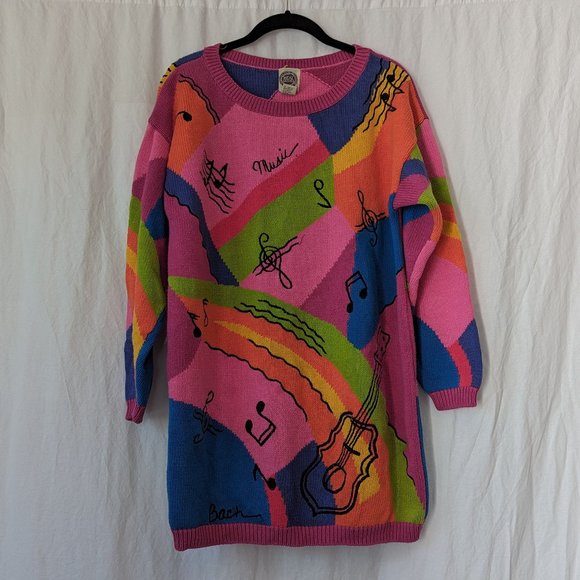 Vintage 80s Saks Fifth Avenue Colorful Bright  Music Sweater Small - Picture 1 of 10